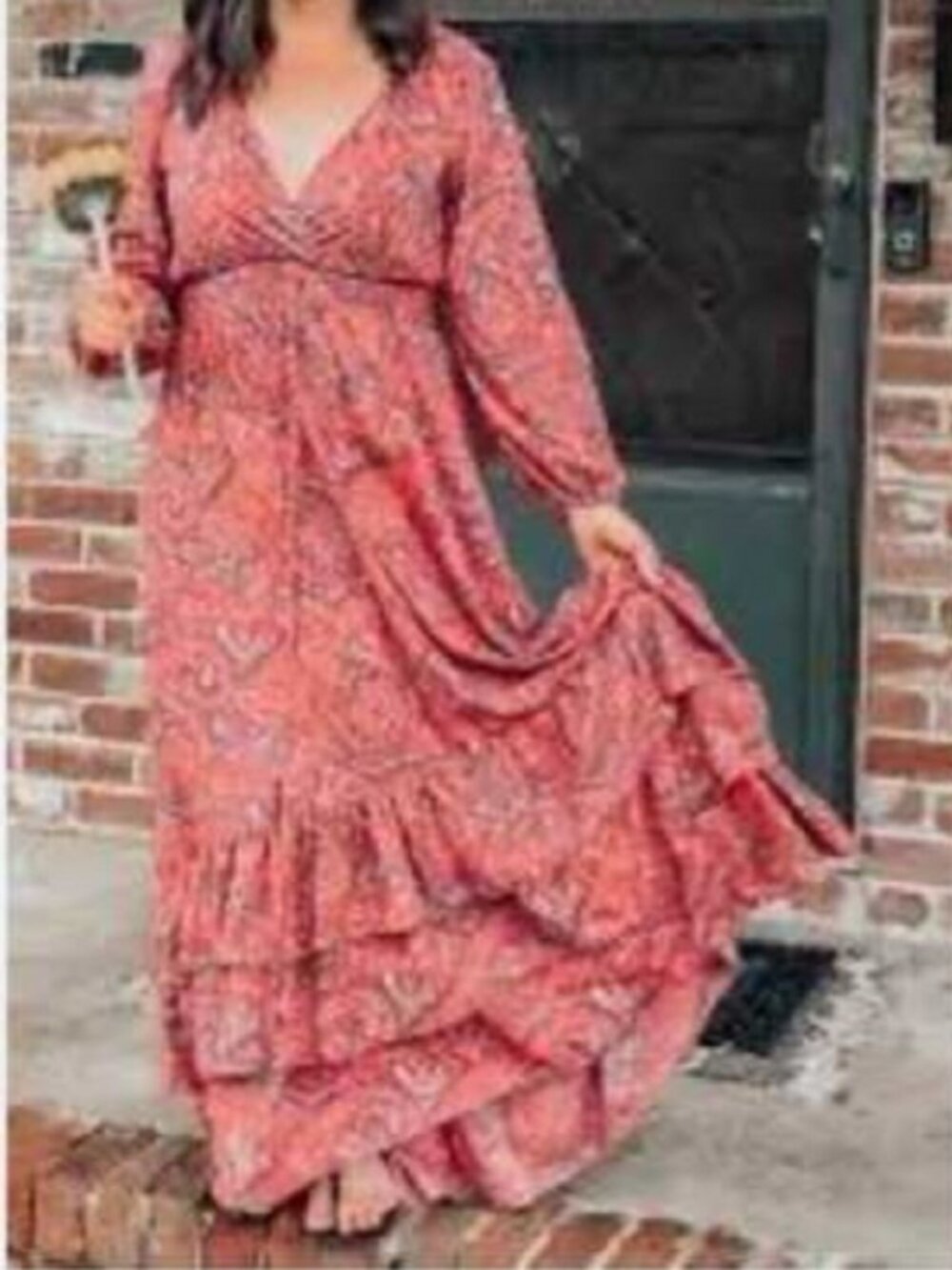 Anthropologie Boemo Paisley Print Maxi Dress L Pullover V Wrap Neck Long Sleeve